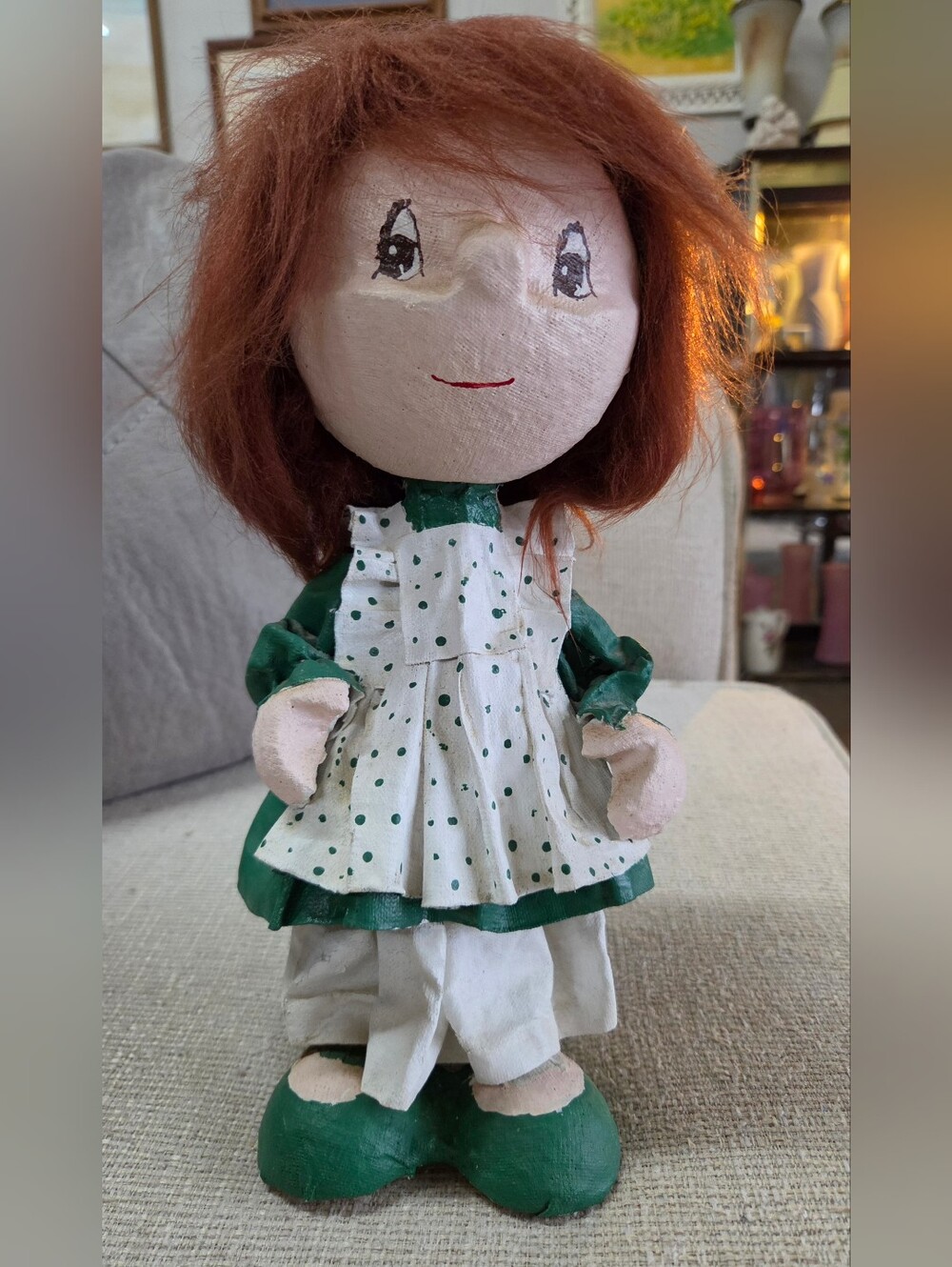 1970s Handmade Styrofoam Cone Doll Green Polka Dot Apron Prairie Dress 12"
